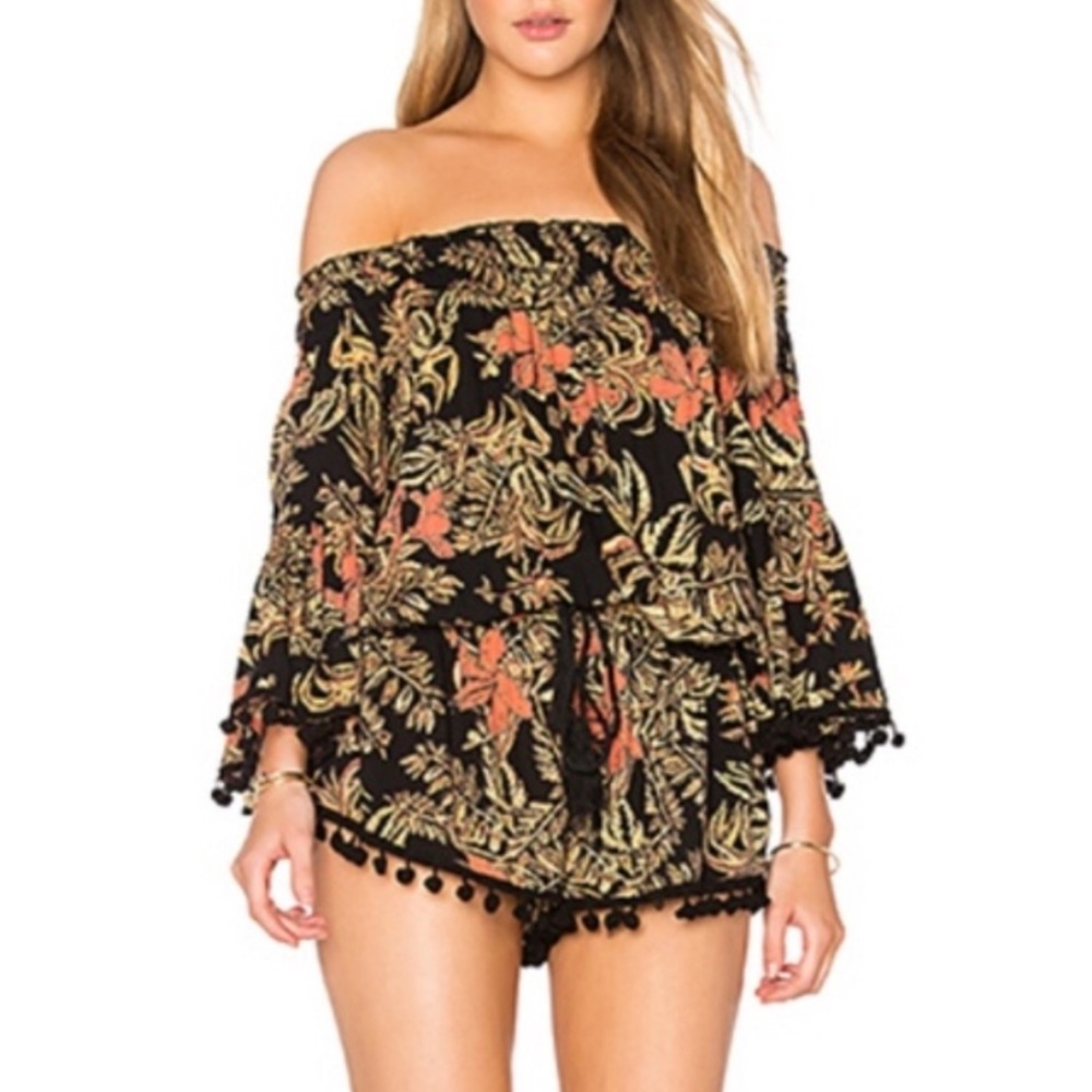 Raga Island Fever Romper Black Floral Pom Sz Small